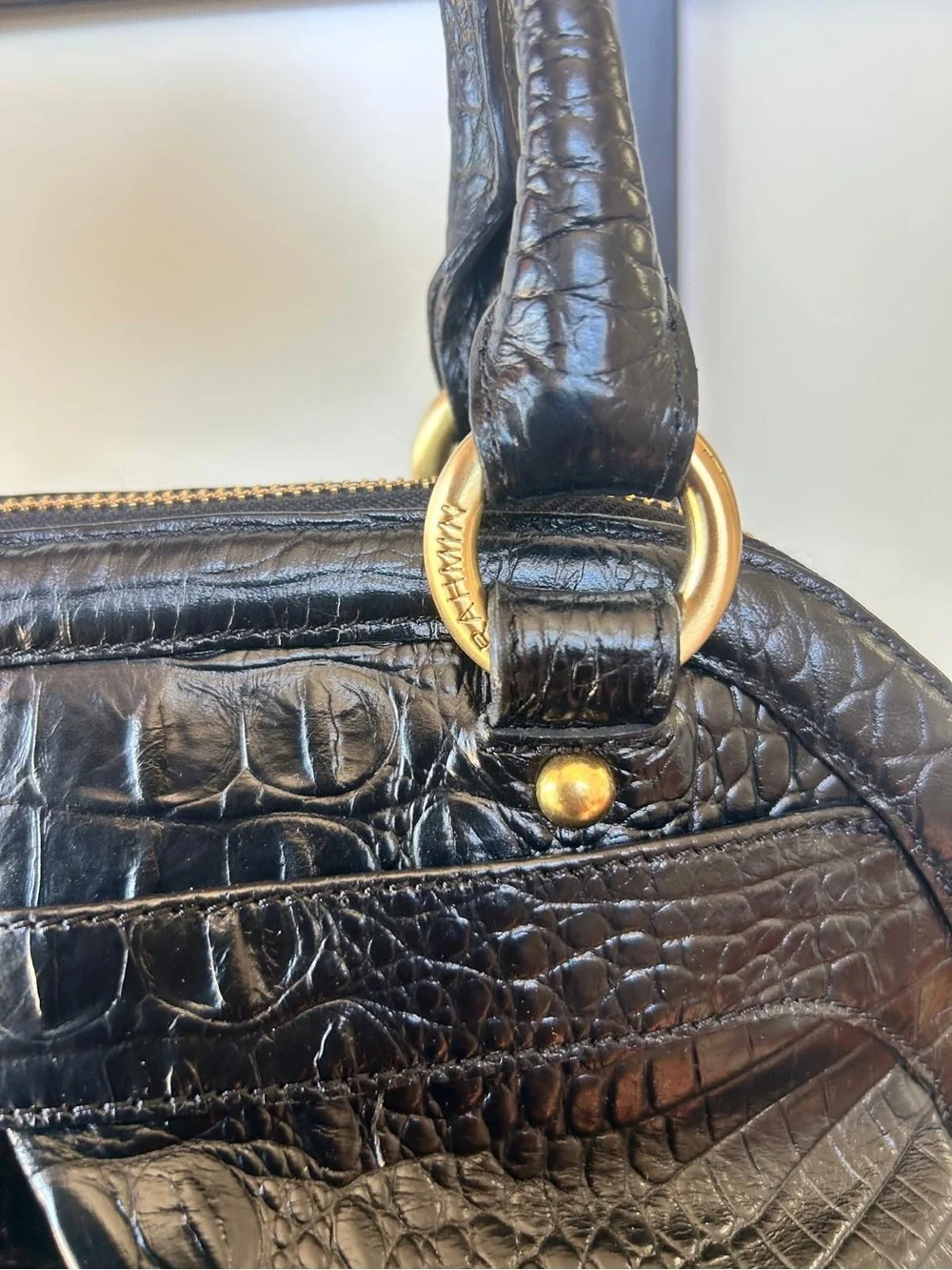 Brahmin Black Croc-Embossed Leather Satchel with Gold Hardware
